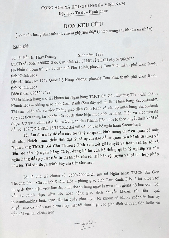 Bà Hồ Thị Thùy Dương gửi đơn kêu cứu đến Bộ Công an, Ngân hàng Nhà nước Việt Nam sau khi 46,9 tỷ đồng được gửi tại Chi nhánh Cam Ranh.