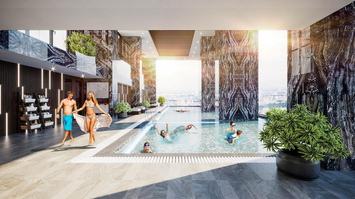 Bể bơi 4 mùa, nơi cư dân Sunshine Golden River tận hưởng những phút giây thư giãn giữa lưng chừng trời.