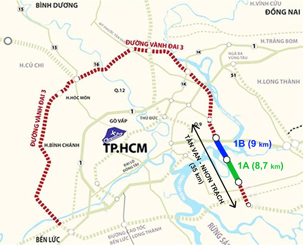 Sơ đồ đoạn 1A thuộc Vành đai 3 TP HCM. Đồ hoạ: Thanh Huyền.