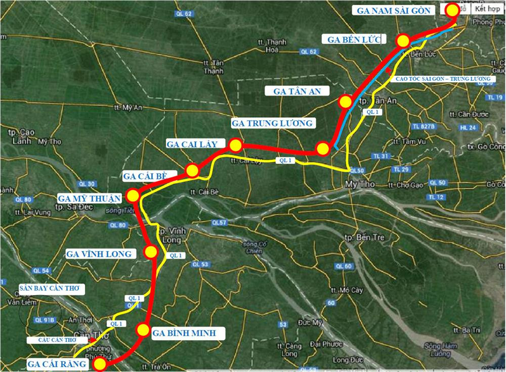 Sơ đồ hướng tuyến đường sắt cao tốc TPHCM - Cần Thơ (màu đỏ) dài trên 173 km theo đề xuất của Viện khoa học và công nghệ Phương Nam.