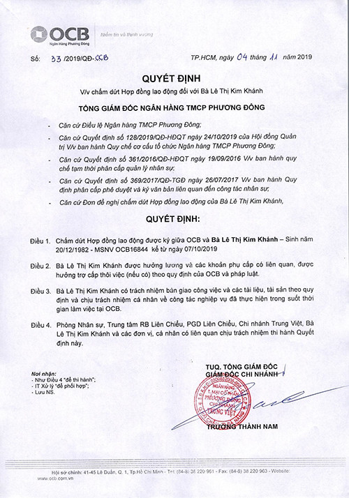 Từ ngày 07/10/2019 đến nay, bà Lê Thị Kim Khánh không còn là nhân viên của OCB v