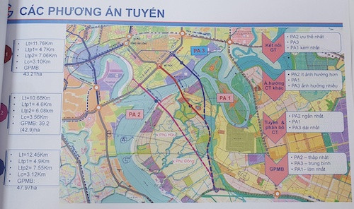 5 phương án xây dựng cầu Cát Lái được đơn vị tư vấn đưa ra theo ý kiến của 2 địa phương. Ảnh: LÊ LÂM